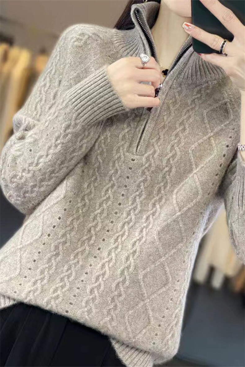 100%纯羊绒衫女高领拉链绞花长袖毛衣秋季半高领冬加厚宽松羊绒韩,针织衫/毛衣,萱芳婷羊绒