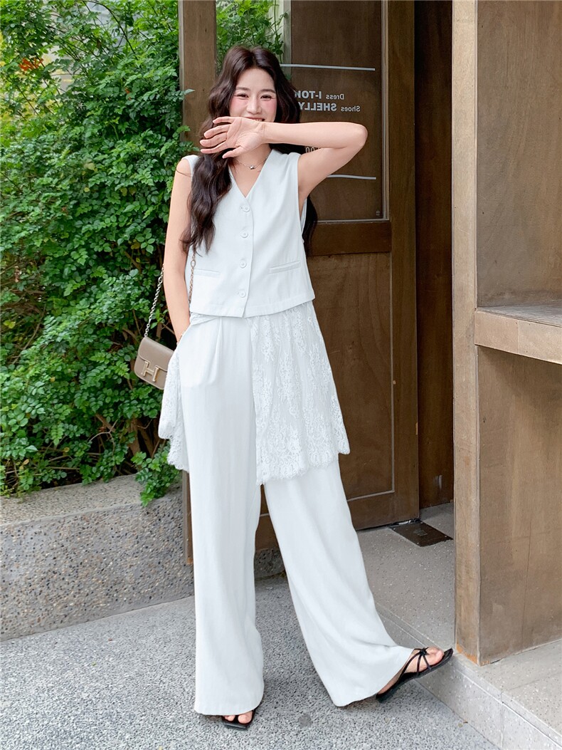 韩系松弛感蕾丝拼接马甲套装女2026夏季新款休闲阔腿裤两件套,女装套装/套裙,冬木谷雨