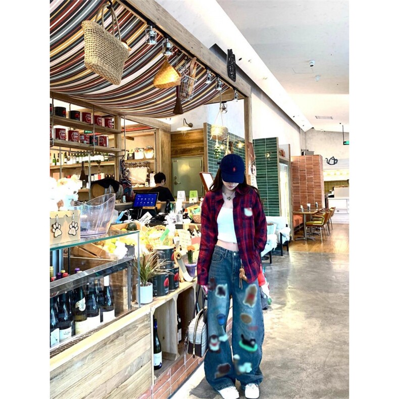 美式复古可爱小狗毛巾刺绣牛仔裤女2025年秋季新款宽松显瘦长裤潮,男装牛仔裤,四季星座505