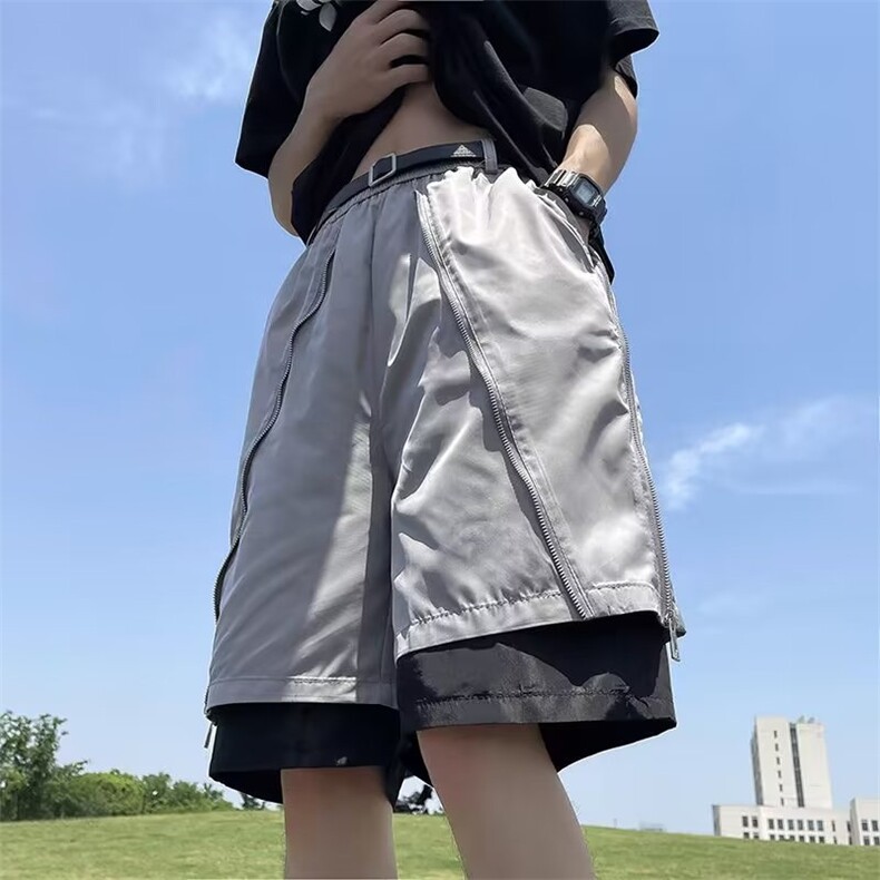 美式机能短裤男夏季设计感假两件拉链宽松休闲五分裤子D2286-p40,男装休闲裤,星座1008