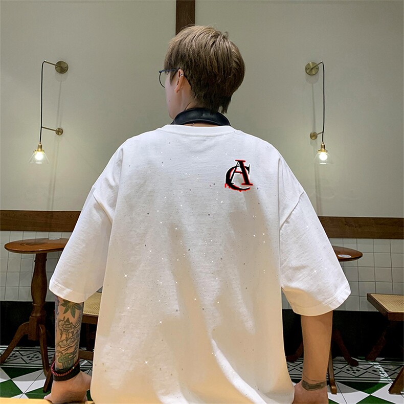 可48小时发货支持抖音得物来样二开美式满天星亮片短袖T恤MTX706,男装T恤,电商A486-1