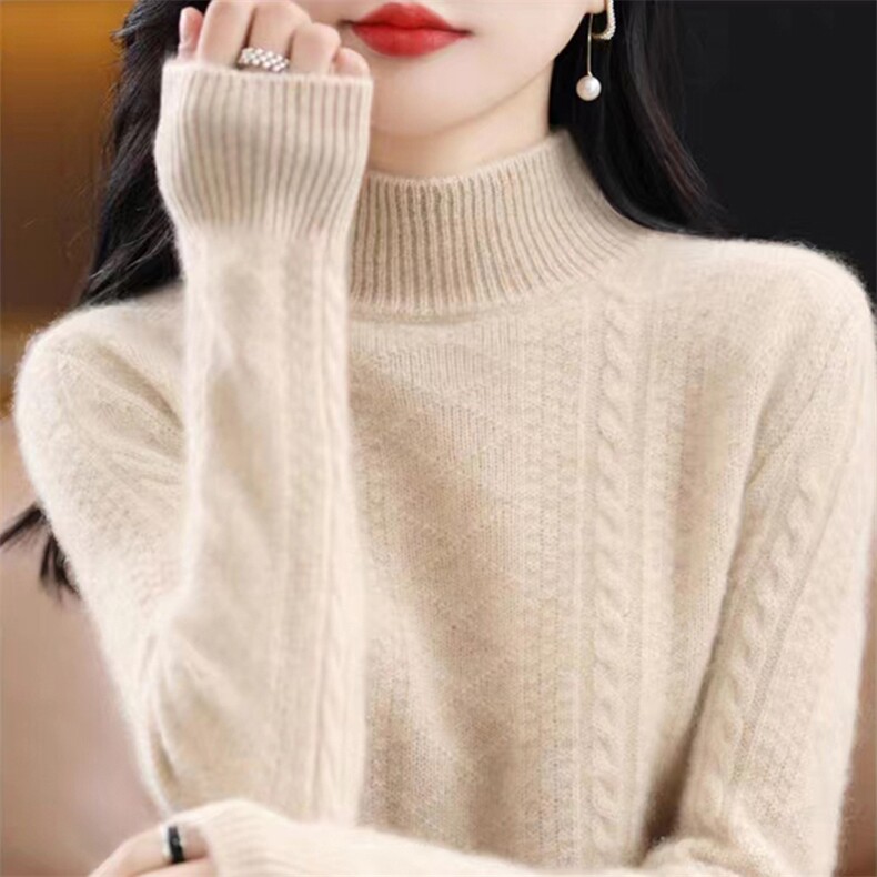 100%羊毛衫2025秋冬新款女半高领菱形提花毛衣宽松长袖羊绒打底衫,女装羊毛衫,忠诺羊绒