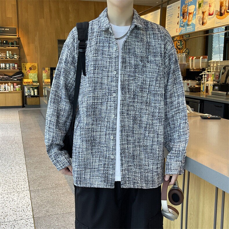 精品春款小香风男夹克衬衫长袖宽松格子衬衣休闲外套A012/8813P60图片