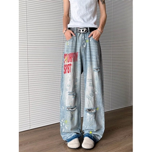 美式高街破洞牛仔裤男女韩版潮流字母2025夏季ins长裤RK2852-P55图片