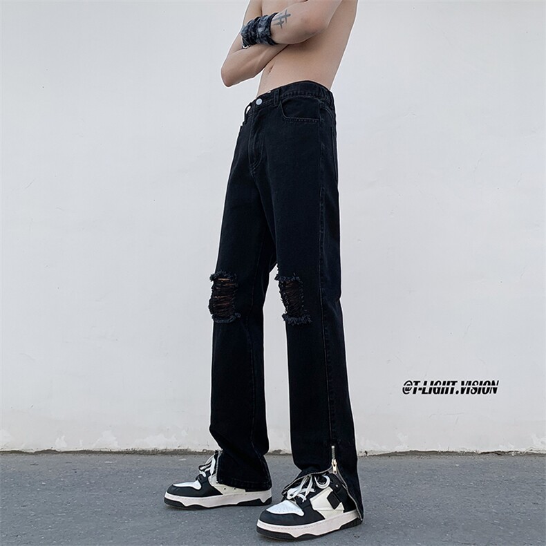 B221美式ins高街暗黑拉链小脚弹力破洞牛仔裤LK23060-P65控88,男装牛仔裤,电商B221