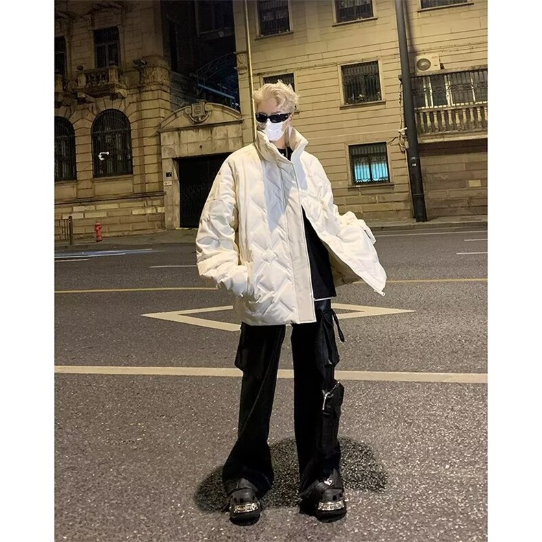 冬季黑色菱形格羽绒棉服男女款高街立领加厚面包服工装外套潮,男装棉衣,星座1013