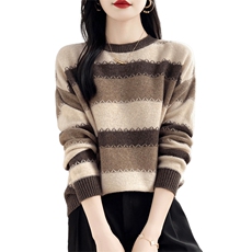 条纹圆领长袖套头羊毛衫羊毛，女装羊毛衫，蒙莲贝斯