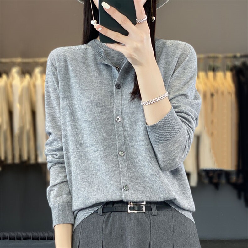2024春夏季新款精纺圆领羊毛开衫女宽松百搭针织长袖毛衣外套上衣,女装羊毛衫,臻维羊绒
