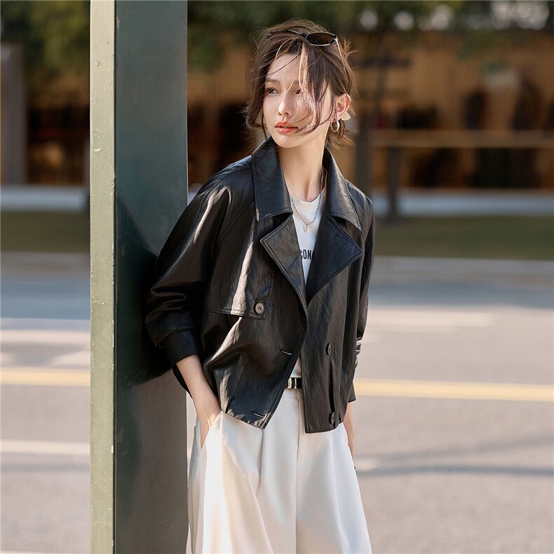 【大量现货】2026秋季女装新款时尚百搭翻领小个子高级感皮衣外套,女装皮衣,魅衣本色