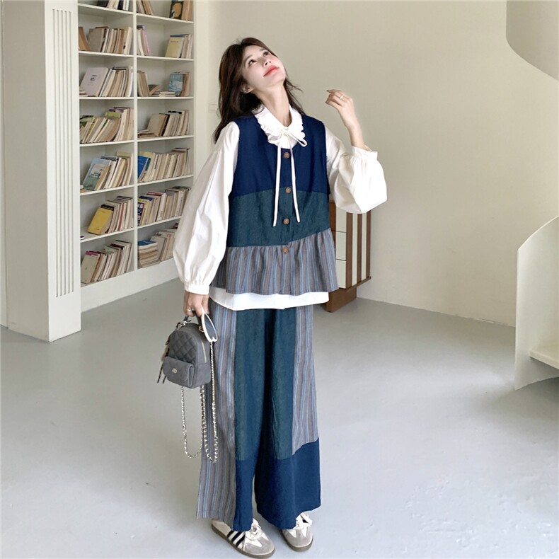 现货新款花边衬衫+马甲+阔腿裤三件套2C056-7205-P195控318,女装套装/套裙,2C056