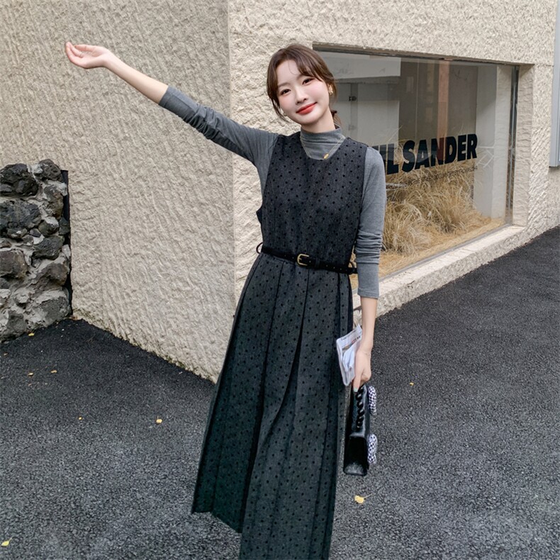 【】灰色毛呢波点背心裙打底衫套装#8615-P155-K228,女装套装/套裙,2C111