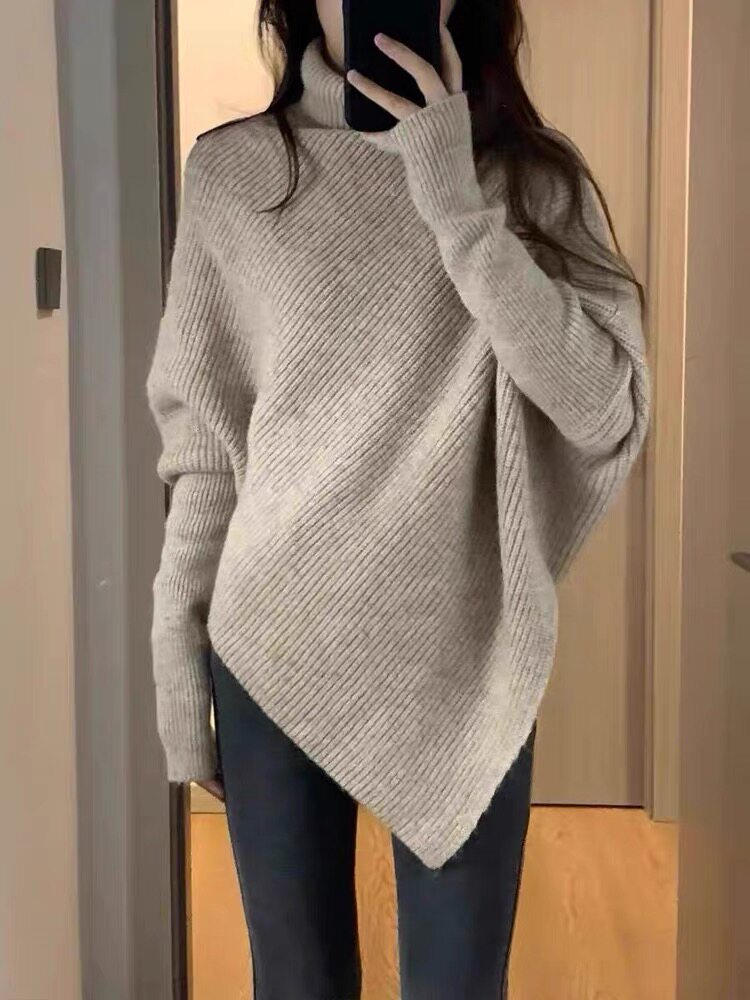 高领羊毛衫女秋冬新款纯色不规则针织长袖宽松打底羊毛衫,女装羊毛衫,思途羊绒