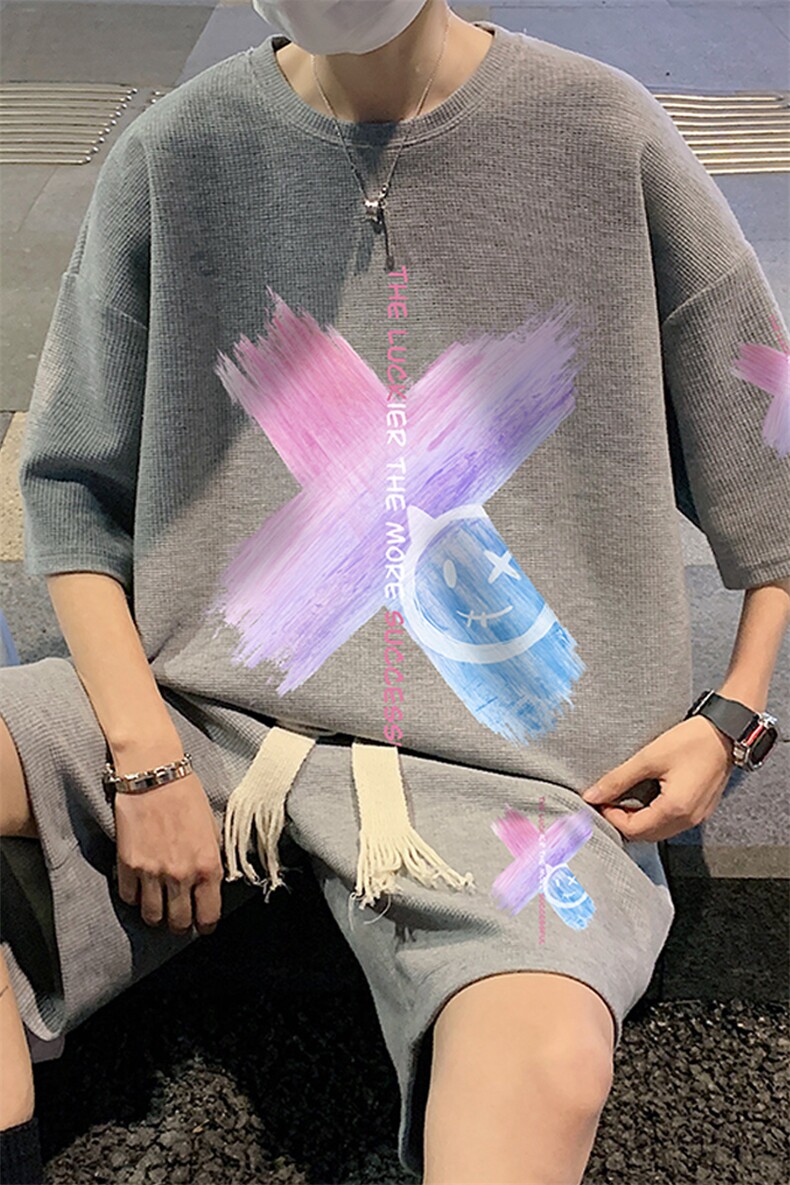 套装！夏季华夫格套装男T恤短裤男两件套大码港风TZ13-P50,男装休闲套装,电商B367