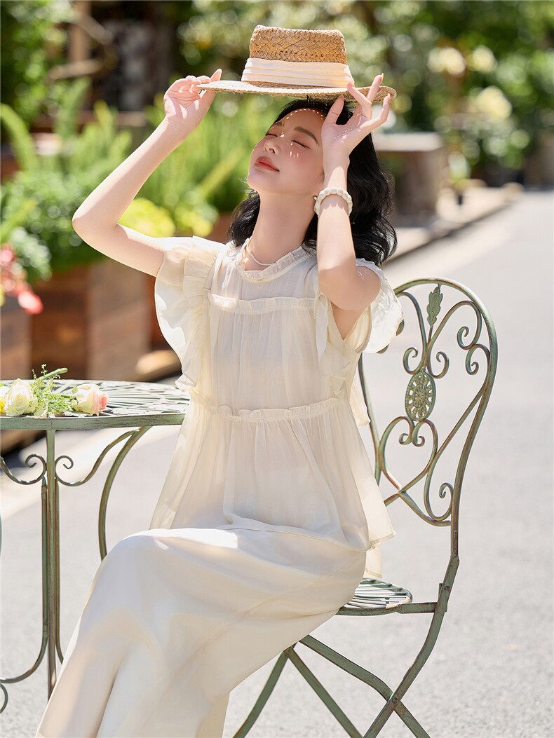 超仙时尚雪纺无袖木耳边套装女2026夏新款半透减龄阔腿裙裤两件套,女装套装/套裙,水衣源