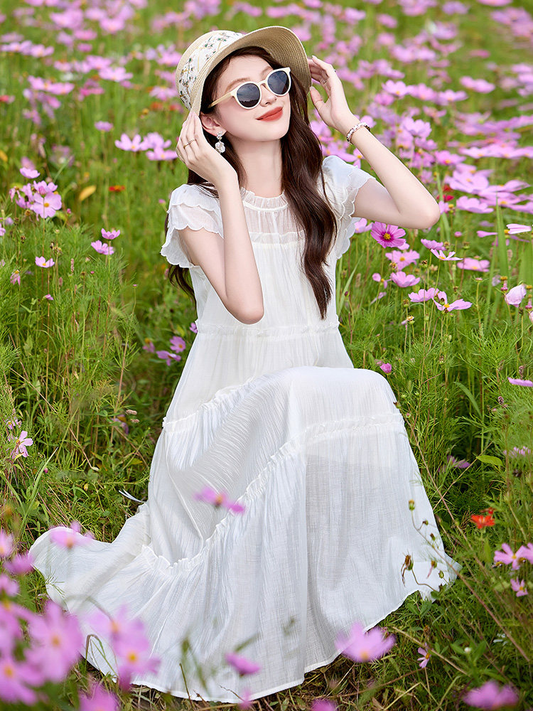 wynn256392法式木耳边飞飞袖连衣裙女甜美减龄中长裙2025夏连衣裙,女装连衣裙,丽美静依