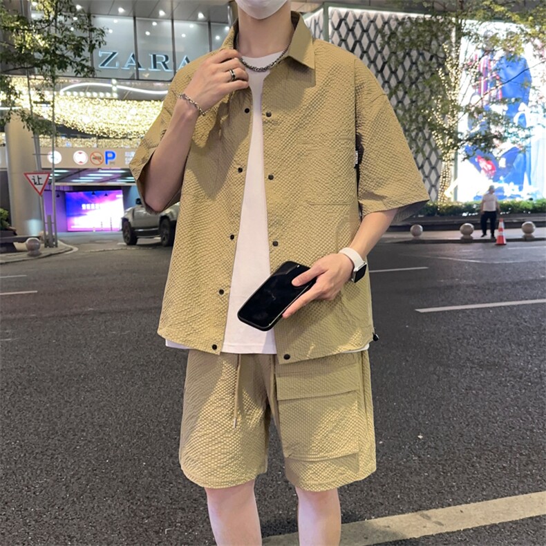 夏季薄款冰丝短袖衬衫情侣短袖短裤两件套装 A455P65图片
