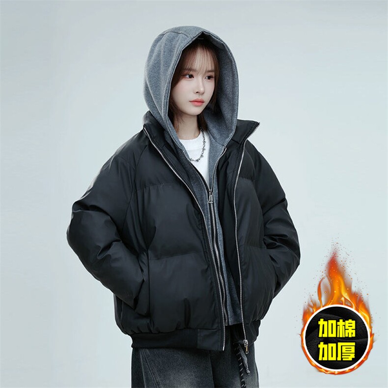 现货高品质重磅工艺美式高街假两件PU皮棉衣男女加厚棉服外套,男装棉衣,电商A443