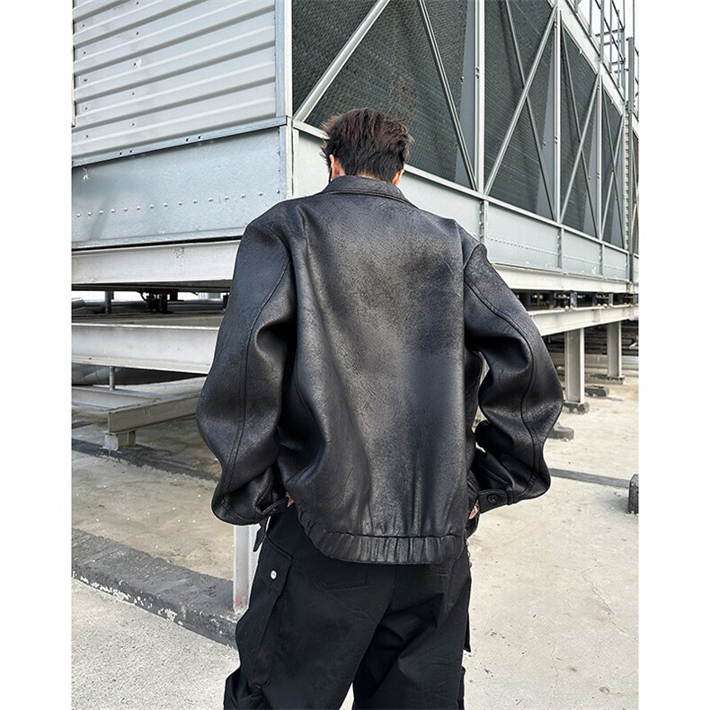 新款霜冻雪花皮拼接千鸟格翻领夹克宽松男帅气外套潮JK08563-P88,男装夹克,星座308B-1