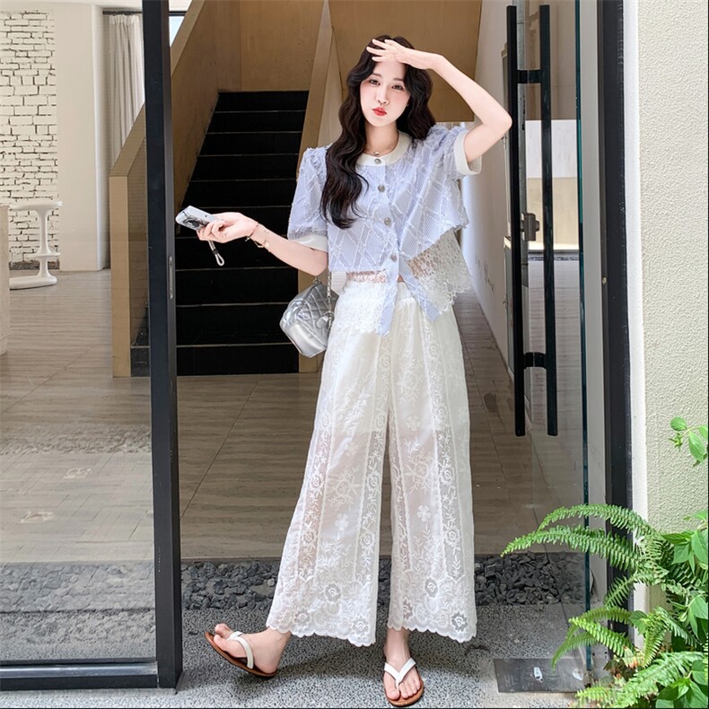 设计感小众时尚蕾丝套装女2025夏季新款短款衬衫高腰阔腿裤两件套,女装套装/套裙,2C032