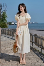 粉色甜美减龄泡泡袖连衣裙女夏2025新款收腰气质法式温柔初恋长裙，女装连衣裙，潮流依族