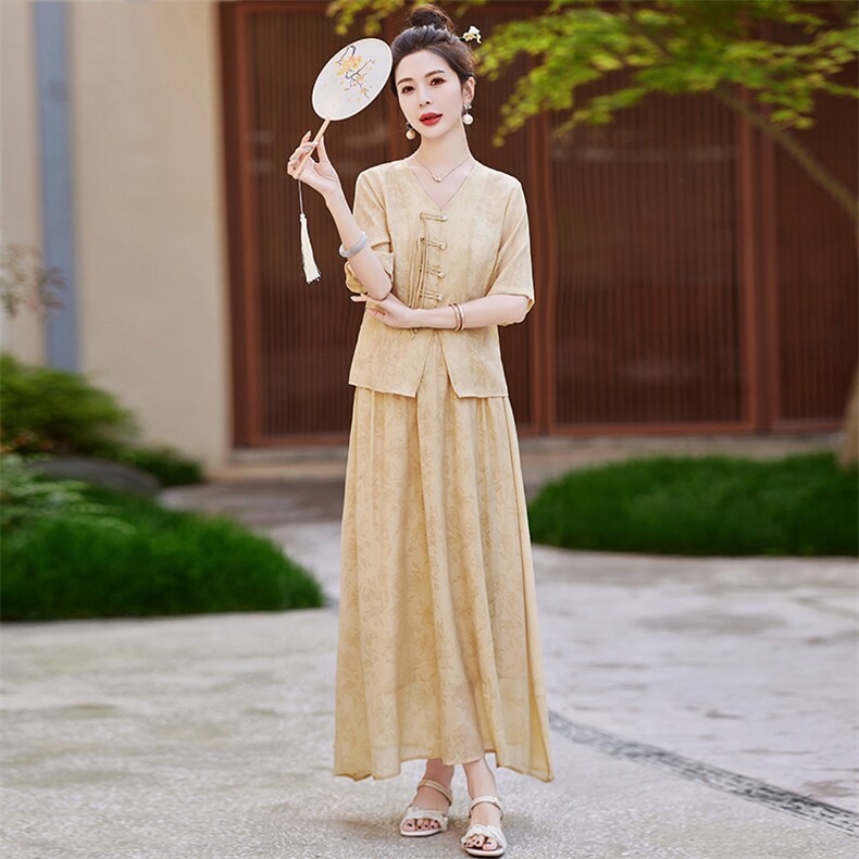 新中式国风套装裙女2024夏新款提花盘扣衬衫高腰显瘦半身裙两件套,女装套装/套裙,芷墨服饰