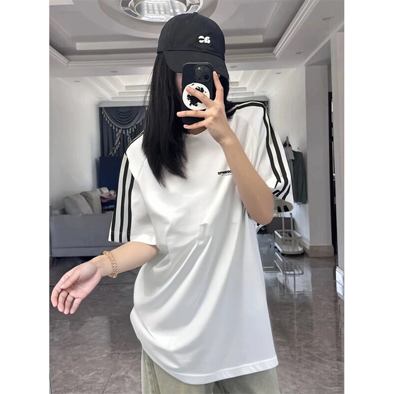 抖音得物高品质二开240克宽松纯棉美式潮牌三条杠织带短袖T恤,男装T恤,电商A486