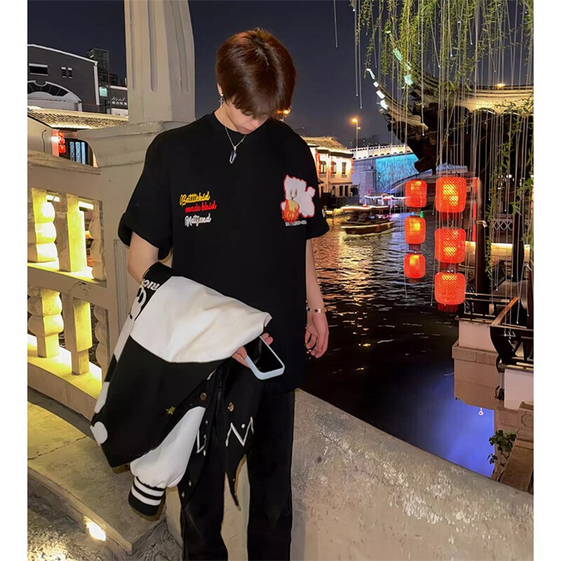 万针全刺绣工艺抖音得物高品质260克重磅纯棉双纱美式高街短袖T恤,男装T恤,电商A486