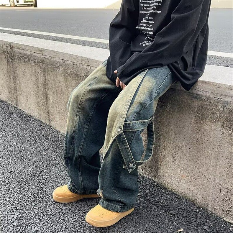 D8933-P58复古重工做旧水洗牛仔裤男解构拼接设计直筒阔腿长裤,男装牛仔裤,星座603-2