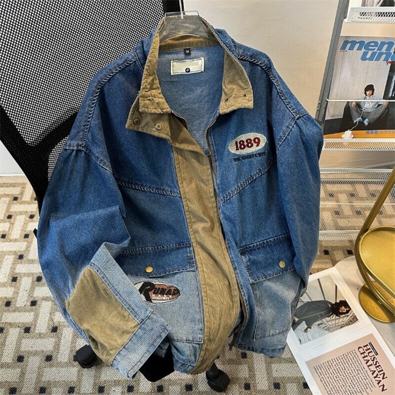 港风春款男拼色牛仔夹克衫工装大口袋渐变色刺绣外套JK8966P88,男装夹克,星座1013-1