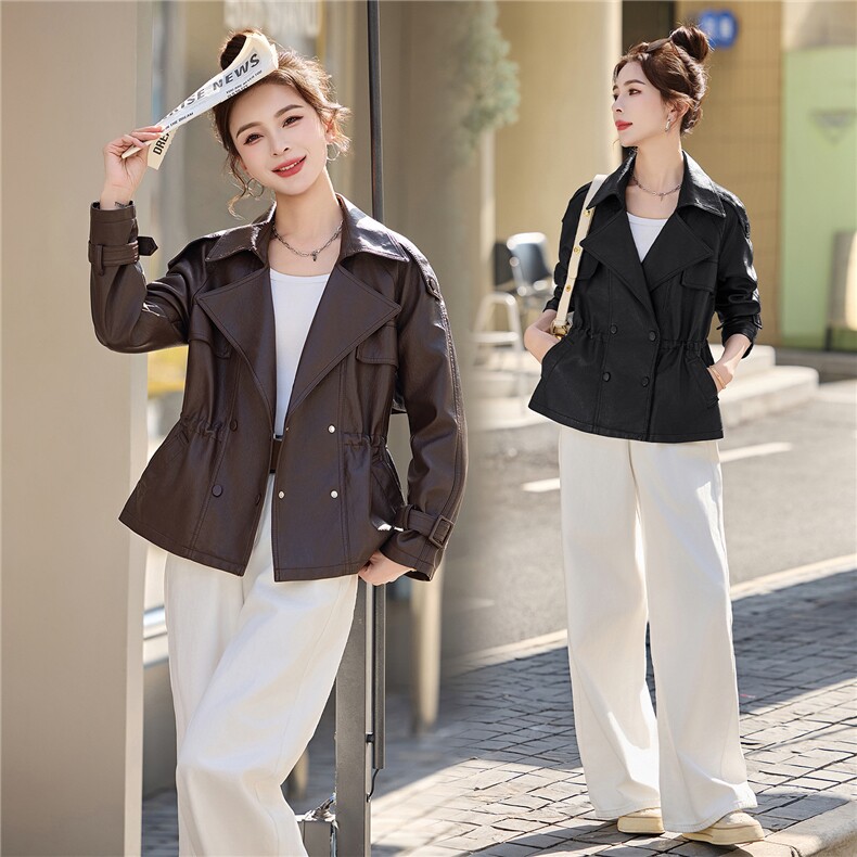 海宁皮衣女短款收腰显瘦小个子仿绵羊皮皮夹克韩版外套短风衣潮，女装皮衣，潮流依族