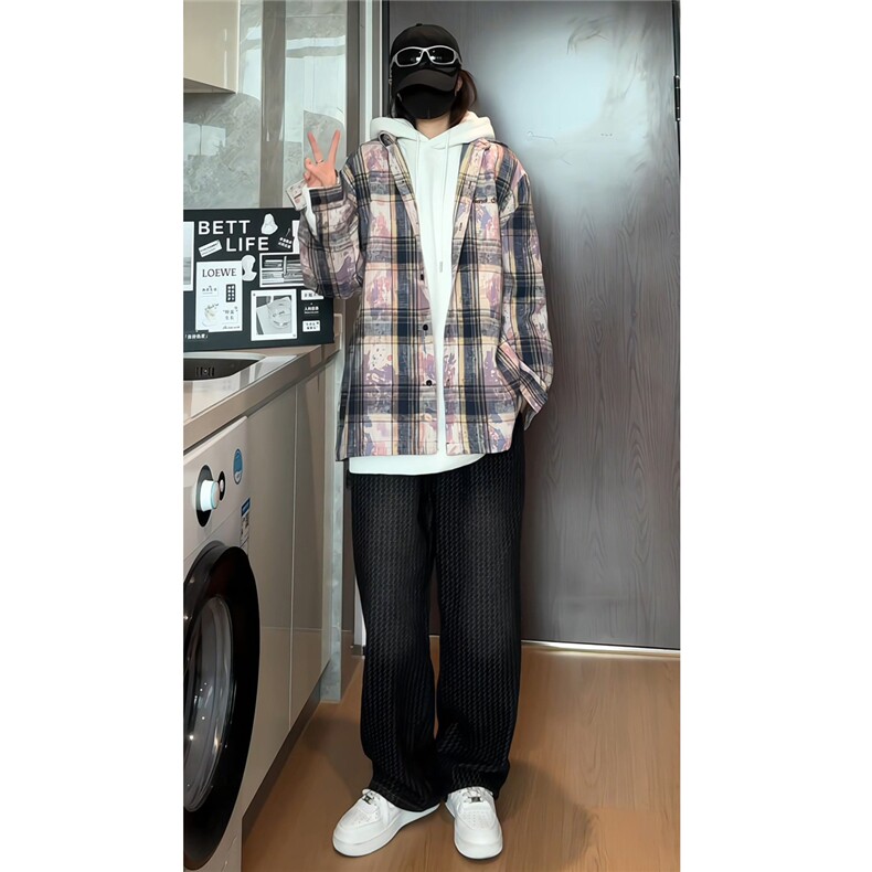 加厚泼墨扎染时尚格子男士长袖衬衫情侣休闲衬衣外套CS908-特P48,男装衬衫,电商A006