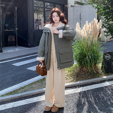 绿色羊羔毛翻领派克服女2025年冬季新款韩系休闲加绒加厚棉衣外套，女装短外套，2C153