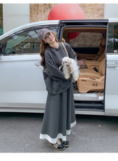 韩系独特漂亮套装裙深灰色蕾丝边卫衣半裙两件套女秋，女装套装/套裙，浙宝211