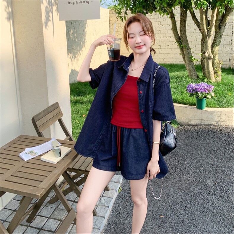 休闲时尚牛仔衬衫短裤套装女夏2025新款大方得体穿搭三件套巨好看,女装套装/套裙,2D044