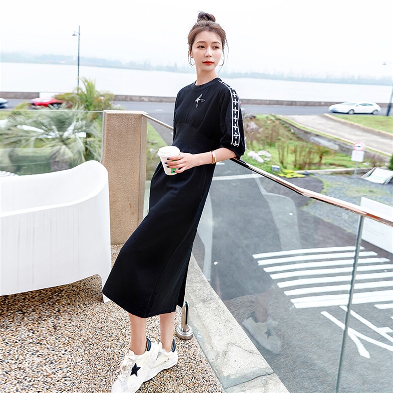 2022夏季新款简约休闲白色连衣裙显瘦修身中长款女装裙子,女装连衣裙,韩蜜菓