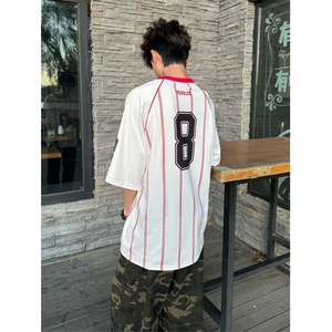 WE1618-P38 复古条纹拼色运动球衣T恤女夏季宽松情侣休闲短袖图片
