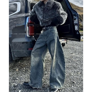 美式复古做旧水洗牛仔裤男小众高街宽松喇叭弯刀阔腿裤NA132-P55图片