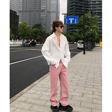 潮牌时尚冰莓粉宽松直筒水洗牛仔裤X1002-1-NZ2413-现货，男装牛仔裤，星座1002-1