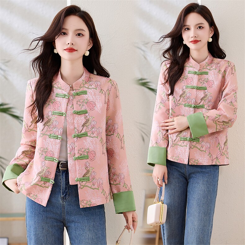 洋气粉色新中式G风外套女2026春秋新款时尚气质提花减龄盘扣上衣，女装短外套，衣之秀