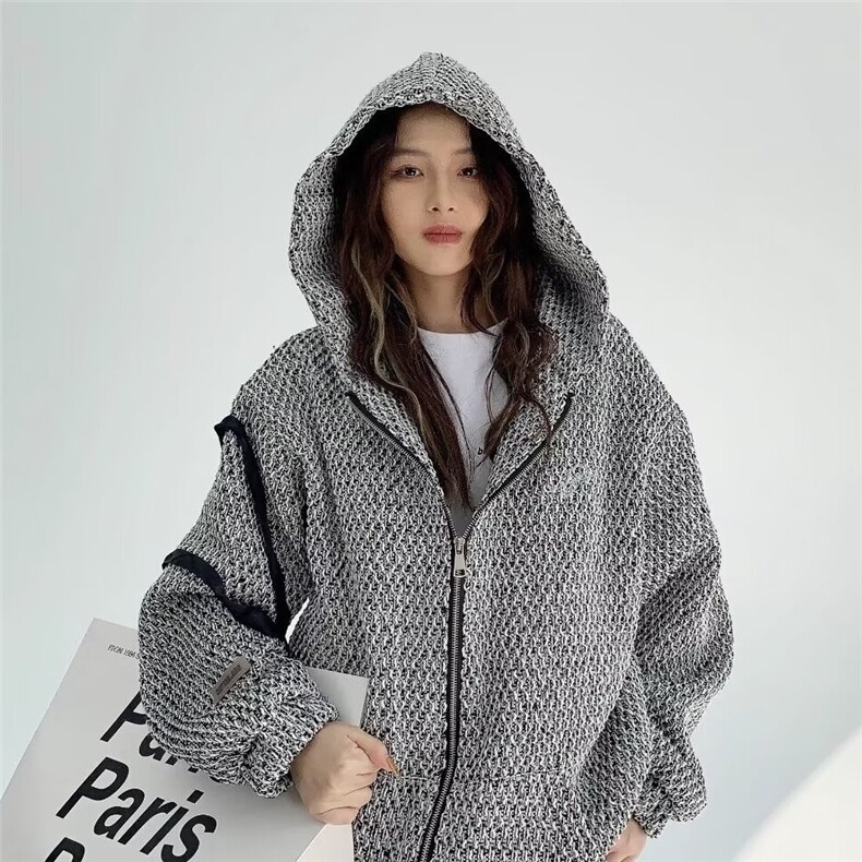 2025年美式连帽卫衣开衫男女春秋新款编织肌理设计感小香风外套,男装夹克,星座1210-1