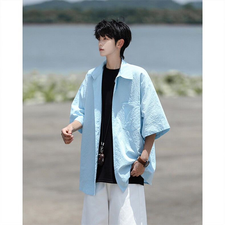 8XL-M泡泡纱盐缩肌理短袖衬衫男夏季冰丝外套防晒衬衣DC28011P36，男装衬衫，电商B312