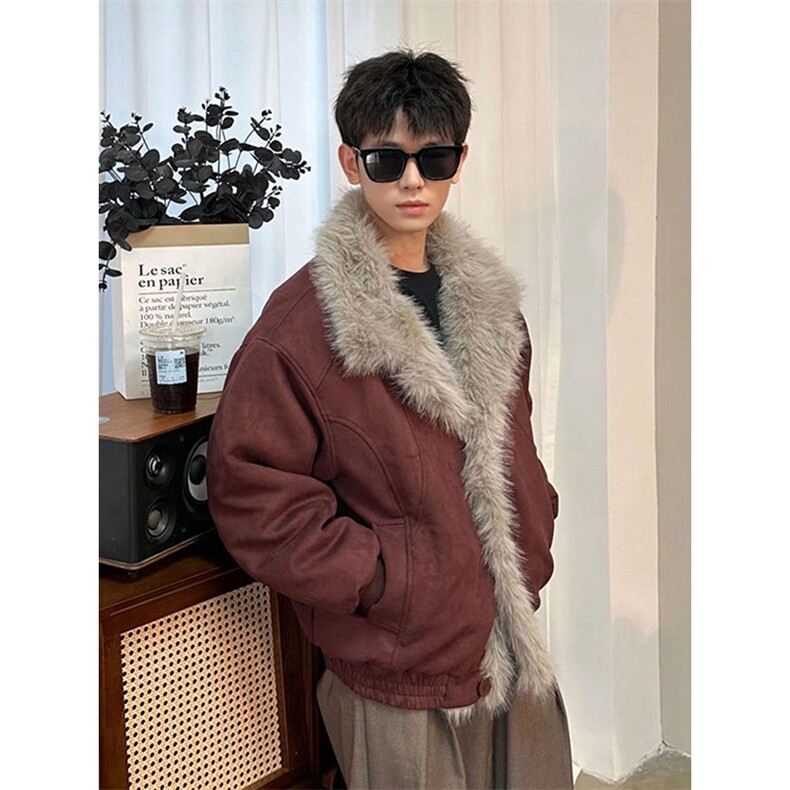 现货重磅硬挺boxy羽绒棉衣座山雕大毛毛领洗水麂皮棉服冬外套，男装棉衣，电商A443