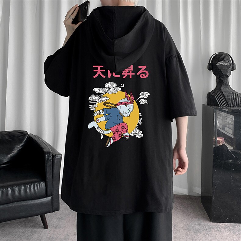LD54012-P45连帽短袖t恤男大码胖子带帽五分袖中袖,男装T恤,电商A040