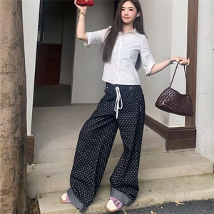 黑色波点直筒牛仔裤女2025新款夏季高腰显瘦宽松拖地阔腿休闲裤子图片