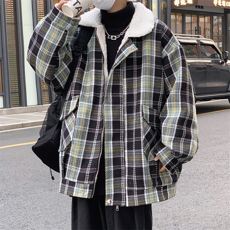 冬季小香风格子棉衣羊羔毛棉服男加绒加厚保暖外套M2311-P100,男装棉衣,星座1213