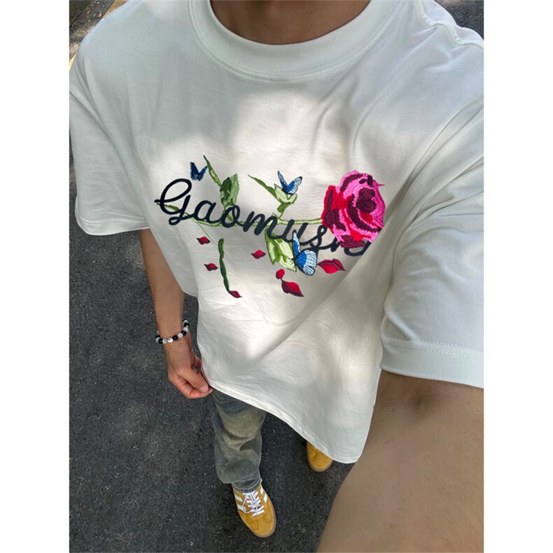 网图有货美式嘻哈玫瑰刺绣短袖T恤男女原创宽松情侣上衣A409-P35，男装T恤，星座1505