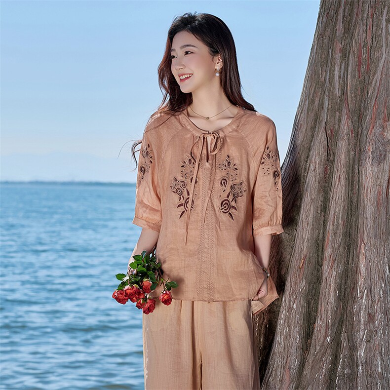 2026年夏季文艺风女短袖宽松亲肤透气薄苎麻文艺/优雅,女装衬衫,江南依恋
