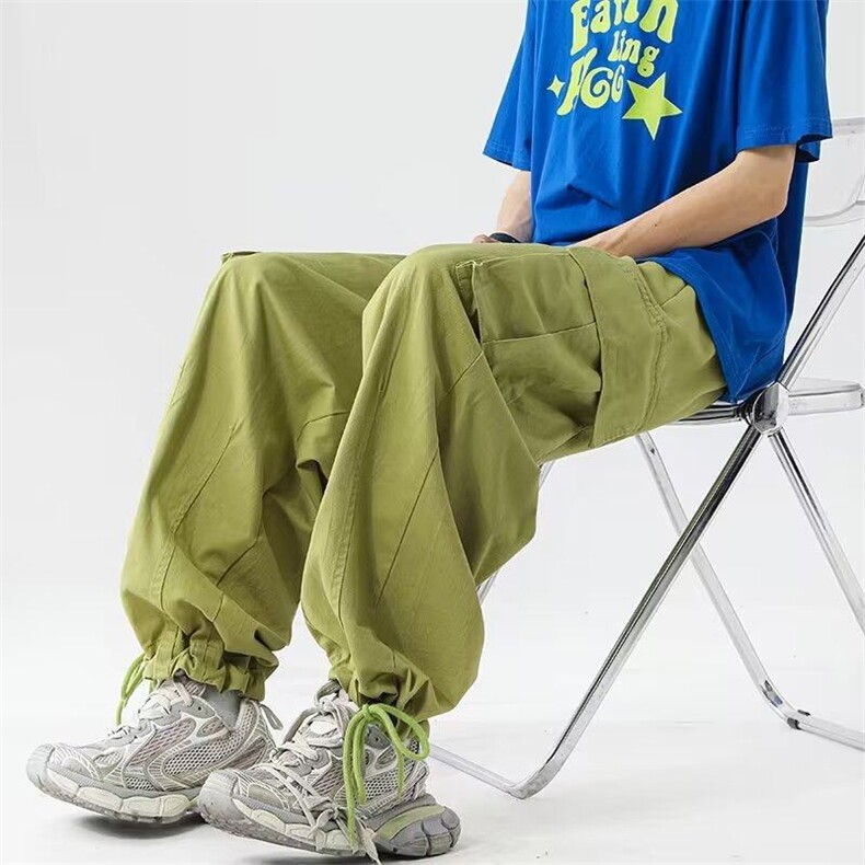 美式绿色复古降落伞工装裤夏季薄款hiphop休闲宽松阔腿紫色裤子,男装休闲裤,星座310B-1