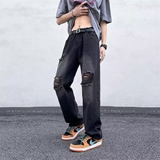 黄泥染高街破洞牛仔裤男美式复古oversize潮牌直筒宽松裤子夏薄款，男装牛仔裤，星座601-2