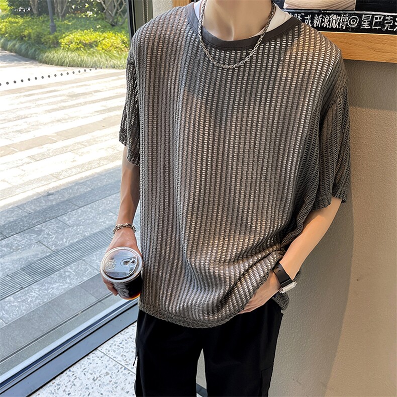 夏款男圆领T恤衫针织衫镂空宽松T恤衫t6014P40,男装T恤,星座1013-1
